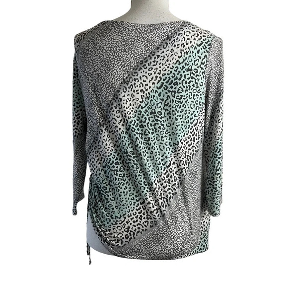 Ruby Rd Blouse Petites Medium Rhinestone Bling Neckline Ruched Side Leopard Top - Picture 2 of 10